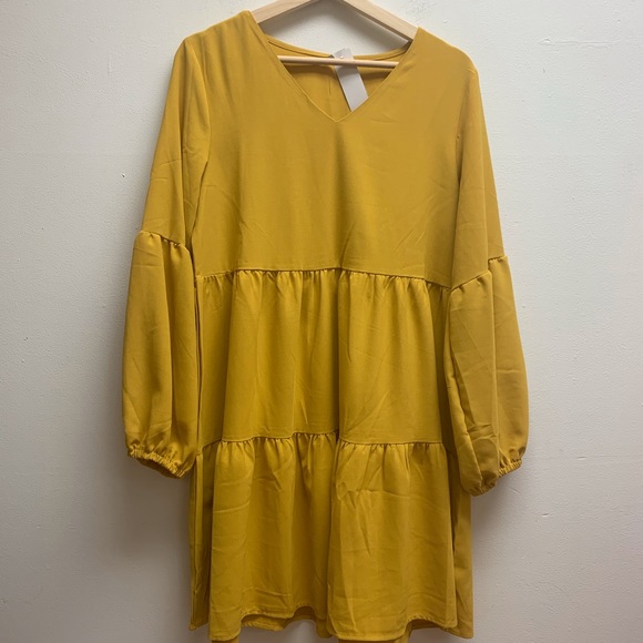 Dresses & Skirts - Tiered Long Sleeve Mustard Dress